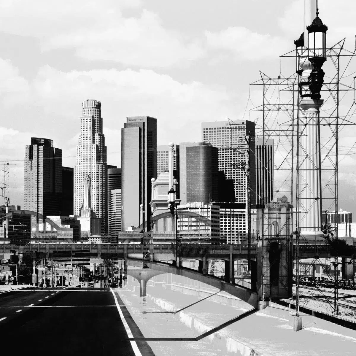 LA Skyline and Lamps BW, by Anyes Galleani-PurePhoto