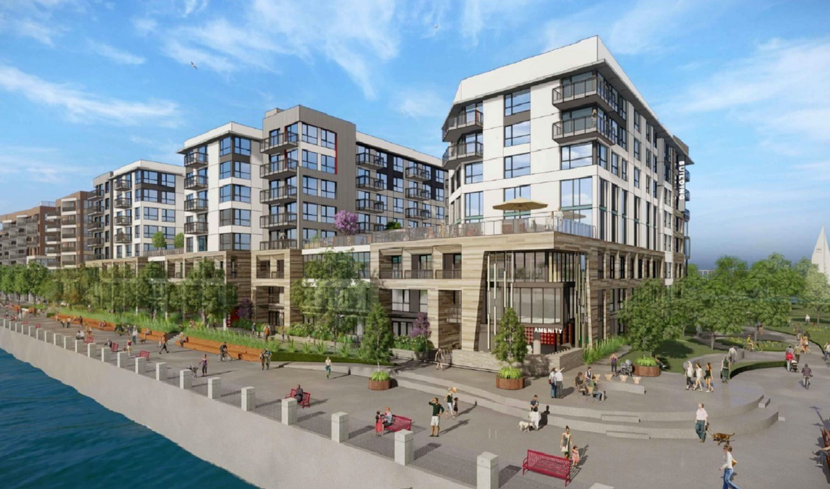 Rendering of Portico Waterfront, an eight-floor residential building on the Oakland waterfront