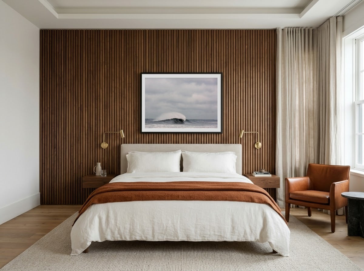 Room visualization: hotel guest suite with Winter 3 by Daniel Weiss above the bed
